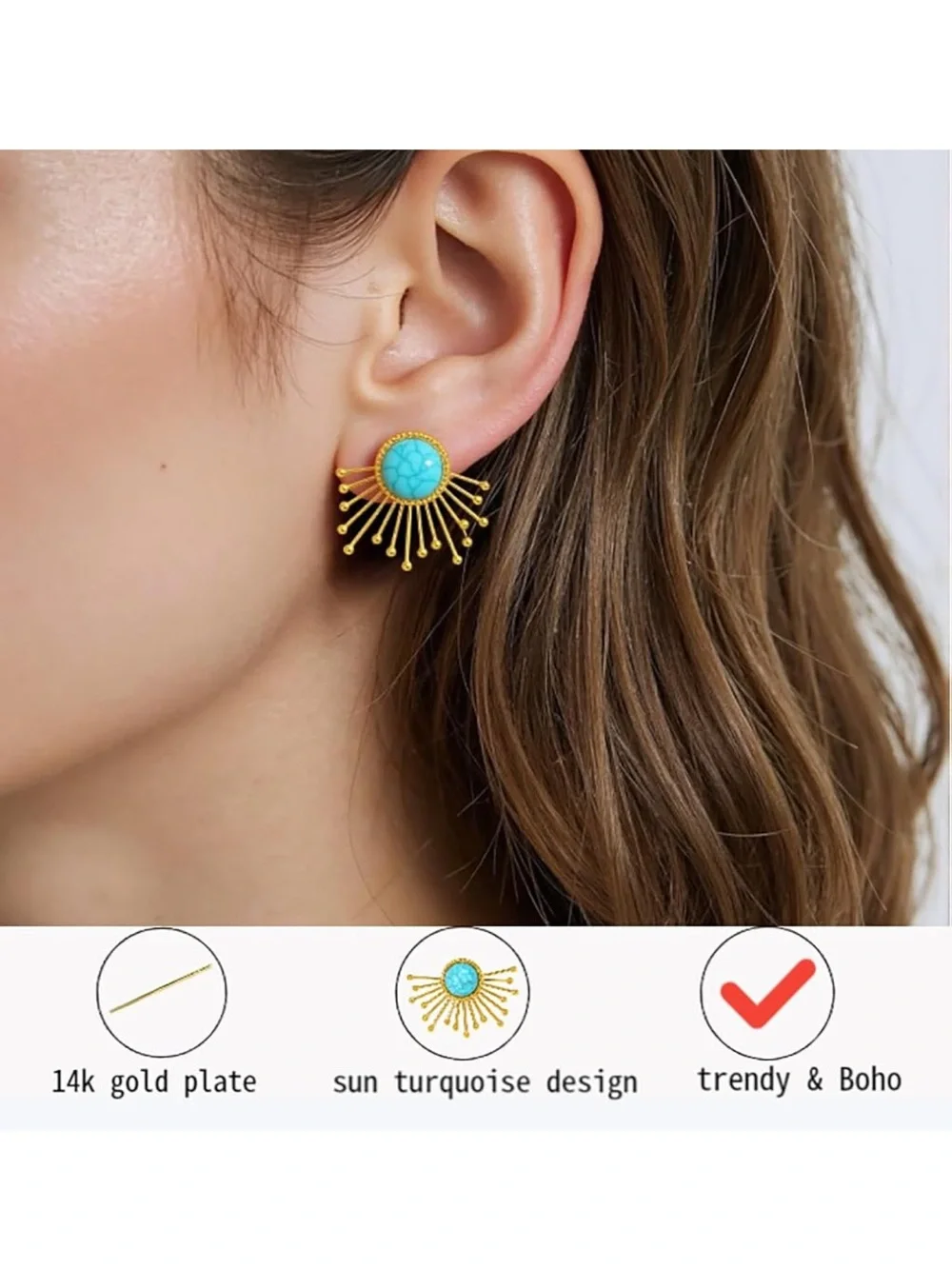 Anthropologie Gold color Sunburst Earrings with Turquoise Center